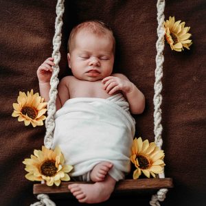 Baby etwa 1 Woche alt, liegt in mitten einer Blumenranken Schaukel, Neugeborenen Fotografie, Familienfotografie, Schnickitafotografie